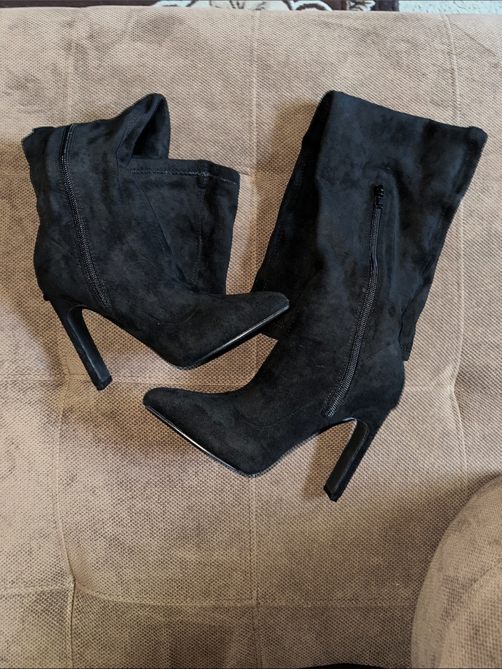Fashion Nova Black Suede Pointed-Toe Stiletto Mid-Calf Boots